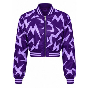 Chaqueta Bomber con Estampado Geométrico Morado para Mujer, Corta, de Manga Larga, Cuello Alto, Cierre de Cremallera, Poliéster, Estilo Otoñal - Product Image 2