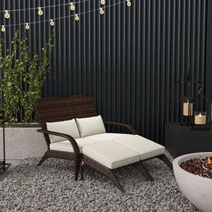 Sedia Adirondack da giardino in vimini per 2 persone con schienale alto e cuscini bianco crema - Product Image 2