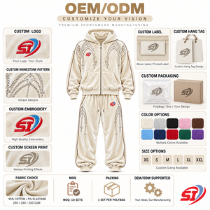 Ensemble de survêtement en velours ivoire brillant personnalisé 280 GSM avec strass et cristaux, comprenant un sweat à capuche et un pantalon, luxe et coupe oversize - Product Image 5
