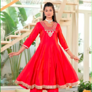 Red Sindoori Mirror Work Anarkali Set With <b>Tissue</b> Dupatta - Product Image 1