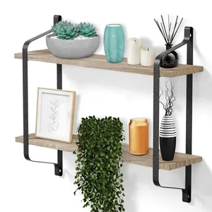 Industrial Wood Wall <b>Shelf</b> Double Tier Iron <b>Bracket</b> Mounted Storage Rack <b>for</b> Living Room Decor - Product Image 1