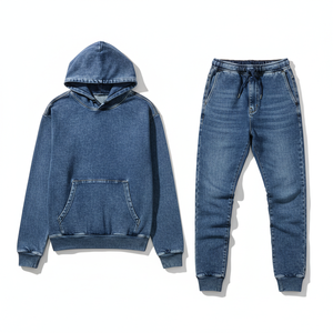 Ensemble de survêtement deux pièces personnalisé unisexe en jean, ensemble veste en jean délavé imprimé et pantalon en jean bleu pour homme - Product Image 1