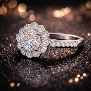 Anillo de Compromiso de Lujo con Halo Floral de Diamantes Redondos, Chapado en Oro de 14k, Aleación de Oro Blanco - Product Image 2