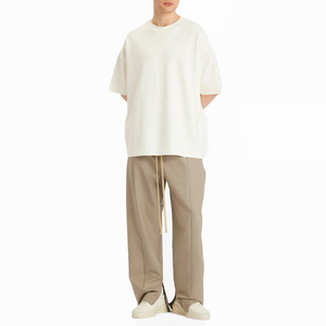 Pantalon large pour homme, taille élastique avec cordon de serrage, décontracté, beige, respirant, en polyester, style printemps, devant plat - Product Image 5