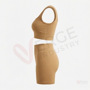 Ensemble de yoga côtelé 2 pièces pour femme : haut court à col carré et short taille haute - Product Image 3