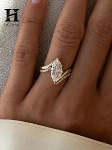 Conjunto de Anillos de Boda Marquise de Moda, 2 Piezas, Banda Asimétrica de Contorno Cruzado, Oro Amarillo de 10K y 14K, Joyería Personalizada - Product Image 1