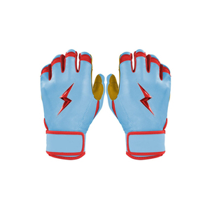 High Quality Blue Leather Batting Gloves with Red Lightning <b>Bolt</b> Design <b>Hook</b> and Loop Closure Ambidextrous Unisex Adult Training - Product Image 1