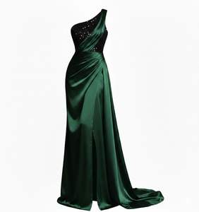 Vestido de Fiesta Maxi Elegante para Mujer, de un Solo Hombro, con Lentejuelas, Escote Corazón, Base de Satén de Seda, Drapeado, con Superposición Esmeralda, Estilo Tubo, Sin Espalda, Personalizable - Product Image 1