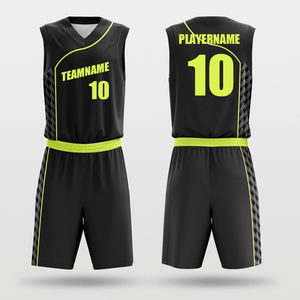 Conjunto de Uniforme de Baloncesto Personalizado para Hombre, Negro con Verde Neón, Estampado Geométrico, Cuello en V, Secado Rápido, Estilo Deportivo de Verano, Impresión por Transferencia de Calor - Product Image 1