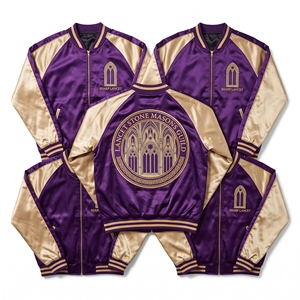 Chaqueta Bomber de Satén con Cremallera y Mangas Raglán, Azul Rey y Amarillo, con Gráfico de Columna Dorica Bordado en la Espalda, Estilo Universitario, para Venta al por Mayor - Product Image 4