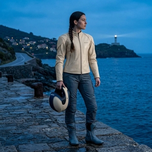 Blouson en cuir crème personnalisé pour femme, style motard minimaliste, avec panneaux sculptés, coupe ajustée, streetwear, vêtement d'extérieur haut de gamme OEM - Product Image 5