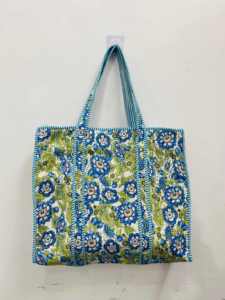 Women Handmade Quilted Cotton Tote <b>Bag</b> Blue Flower Design <b>Large</b> <b>Shoulder</b> <b>Bag</b> For Daily Outdoor Use - Product Image 2