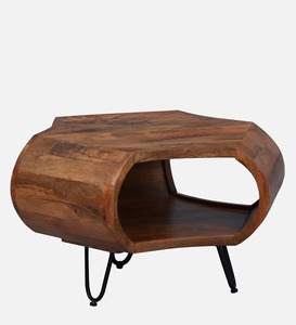 Table basse contemporaine en bois de manguier avec un design incurvé unique et des pieds pliants en métal noir inclinés, table de salon - Product Image 6