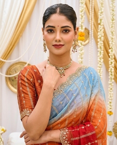Traditional Indian Silk <b>Saree</b> For Women Wedding <b>Orange</b> Blue Gradient Embroidered Sari Regular Fit Floor Length Ethnic Wear - Product Image 3