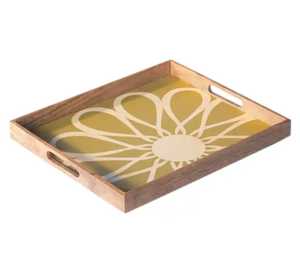 Plateau de service multifonctionnel en bois moderne, rectangulaire, vert olive, motif floral, finition laquée, passe au lave-vaisselle, plateaux de rangement - Product Image 1