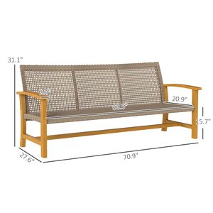 3 Seat Wicker Outdoor Patio <b>Sofa</b> Acacia Wood Furniture with Steel Armrests 1000 LBS Capacity Teak <b>Waterproof</b> Cushion - Product Image 3