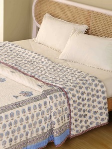 Bohemian Printed Cotton <b>Quilt</b> Handmade Blue Palm Pattern All-Season Home Decor <b>Bedding</b> Set - Product Image 3