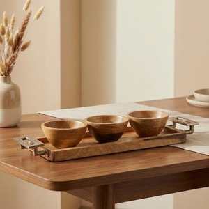 Premium Wood <b>Serving</b> <b>Set</b>: 6 Round Handcrafted Bowls On A Rectangular Tray With Brass Handles. Ideal For Appetizers And <b>Serving</b> - Product Image 2
