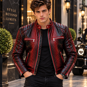 Chaqueta de Motociclista para Hombre, de Cuero Genuino con Estampado de Serpiente Negra y Amarilla, Cuello Alto, Transpirable, para Invierno - Product Image 3