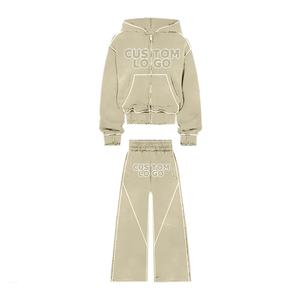 XL lavado ácido personalizable para estampado Puff chándal desgastado pantalones de chándal acampanados conjunto con capucha sólido Rhinestone invierno Traini botón - Product Image 6