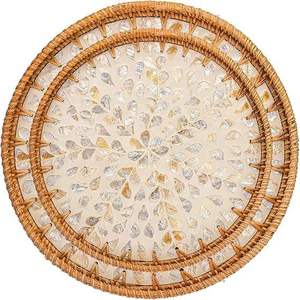 Plateau décoratif en rotin fait main avec incrustation de nacre motif feuille, style moderne, ovale, pièce unique, personnalisable pour mariage - Product Image 3