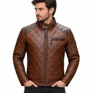 Blouson moto en cuir véritable pour homme, col montant, fermeture éclair, design matelassé, marron uni, vêtement d'extérieur d'hiver, imperméable et respirant - Product Image 1