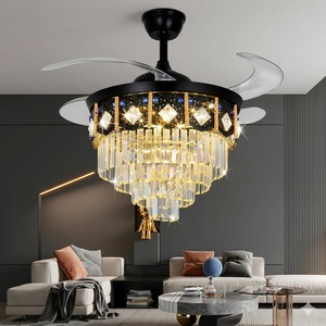 Ventilateur de plafond moderne à pales rétractables avec lustre en cristal de luxe et luminaire suspendu LED doré pour salon et chambre à coucher - Product Image 5
