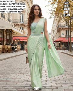 Robe longue sirène moderne Neerja Sage à motif floral, confortable, style sari - Product Image 1