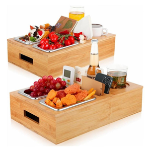 Plateau à collation en bois à double compartiment avec support pour téléphone portable et fente pour carte, boîte de rangement en bois massif - Product Image 1