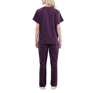 Conjunto de uniforme médico morado para mujer, cuello en V, manga corta, de punto, algodón y poliéster, pantalones con bolsillos y detección de agujas - Product Image 2