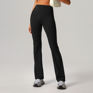 Women's High Waist Straight Leg Knitted Pants Solid Black Breathable Casual Full Length Spandex Nylon <b>Elastic</b> Waist Pants - Product Image 1