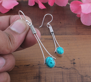 925 <b>Sterling</b> <b>Silver</b> Gold Plated Natural Turquoise Drop Earrings | Wholesale Handcrafted Vintage Wedding Party Long <b>Wire</b> Dangle - Product Image 2