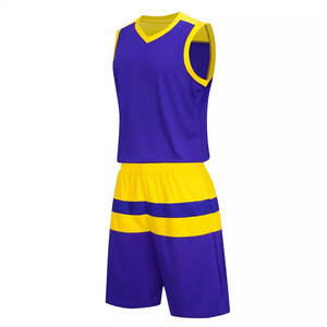 Conjunto de uniforme de baloncesto morado y amarillo, sin mangas, con cuello en V, poliéster que absorbe la humedad, unisex para adultos, para todas las estaciones - Product Image 3