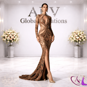 Robe de soirée sirène de luxe marron à sequins, robe longue à manches longues de créateur |   Robe de soirée élégante haut de gamme pour femmes, mode féminine de qualité supérieure - Product Image 3