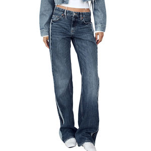 Jeans Casuales de Pierna Ancha con Corte Deshilachado, Cintura Alta, Estilo Holgado, Color Azul, para Mujer, Corte Recto, Estilo Urbano - Product Image 1