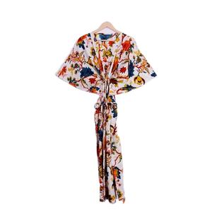 <b>Indian</b> Black Floral Cotton Kaftan <b>Dress</b> Women Midi Beach Cover-Up Tassel Flared Hem Regular Fit Summer Autumn Natural Waist - Product Image 1
