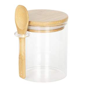 Frasco de vidrio compacto con tapa de madera, tamaño pequeño, perfecto para almacenar especias, hierbas, té, café y artículos esenciales de cocina. - Product Image 1