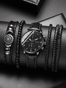 192039 5pcs/set Men's <b>Black</b> Leather Strap Quartz <b>Watch</b> Business and Fashionable Wristwatch With Woven Pu Leather Bracelet - Product Image 1