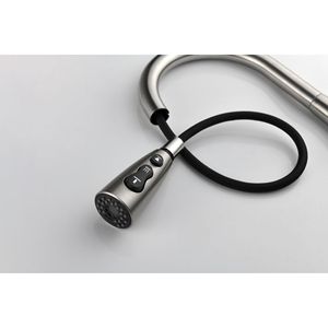 Rubinetto da cucina ad arco alto monocomando con doccetta estraibile, marca Mo, finitura nichel spazzolato, per lavello da cucina con piastra di base - Product Image 4
