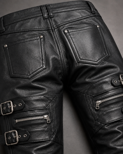 Genuine Leather Pants Men Slim Fit Biker Trousers <b>Thigh</b> Buckle Straps Zipper Pockets Clubwear Custom OEM Wholesale Hot Selling - Product Image 4