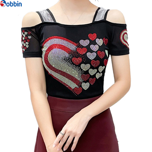 Top de malla con pedrería y corazones rojos, de hombros descubiertos, manga corta, cuello cuadrado, ajustado, para mujer, para el Día de San Valentín - Product Image 4