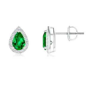 14Kt White Gold Pear Cut Emerald Diamond Halo Stud <b>Earrings</b> Natural Emerald Screw Back <b>Earrings</b> <b>Fine</b> May Birthstone Jewelry - Product Image 1