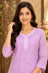 Exclusive Women Lavender <b>Chikankari</b> Hand Embroidered Straight Kurti Ethnic Floral <b>Suit</b> - Product Image 2