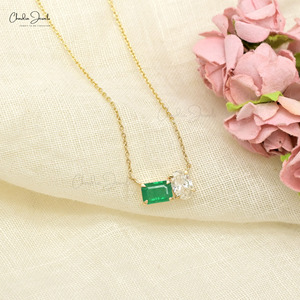 Natural Emerald & White Diamond Wedding <b>Necklace</b> 0.53CTW Octagon Gemstone Minimalist Bridal Jewelry Fast Shipping Supplier India - Product Image 1