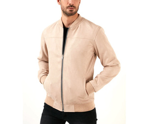 <b>Men's</b> Beige <b>Suede</b> Bomber <b>Jacket</b> Stand Collar Zipper Closure Casual Slim Fit Autumn Wear - Product Image 1