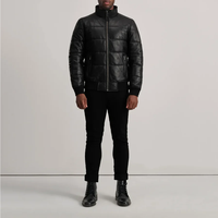 Blouson matelassé en cuir véritable noir pour homme, col rond, fermeture éclair, coupe-vent, hiver, coupe ajustée, séchage rapide, style motard, nylon