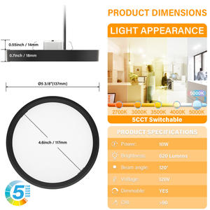 ไฟเพดาน LED ทรงกลมแบบติดตั้งบนพื้นผิวบางเฉียบ ETL ขนาด 5 นิ้ว 10 วัตต์ 620 ลูเมน - Product Image 2