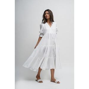Robe midi en coton blanc pour femmes, col en V, volants superposés, manches bouffantes, style bohème, décontractée, coupe ample, robe longue d'été - Product Image 3