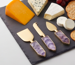 Gold <b>Cheese</b> <b>Knife</b> <b>Set</b> With Amethyst Stone Handle Stainless Steel Blades Handcrafted For Elegant Table Use And Wedding Use - Product Image 6