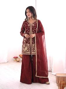 Robe Anarkali longue brodée marron pour femme, tenue traditionnelle indienne et pakistanaise pour mariage, coupe ample en soie - Product Image 5